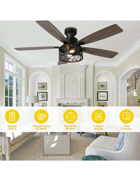 Oaks Aura 52" Black Flush Mount Ceiling Fan Light with Remote Control, Drum Style, 6-Speed Settings for Living Room