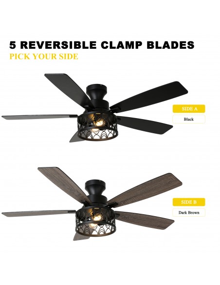 Oaks Aura 52" Black Flush Mount Ceiling Fan Light with Remote Control, Drum Style, 6-Speed Settings for Living Room