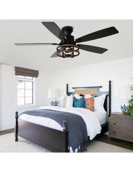 Oaks Aura 52" Black Flush Mount Ceiling Fan with Light and Remote Control, 6-Speed Reversible for Living Room