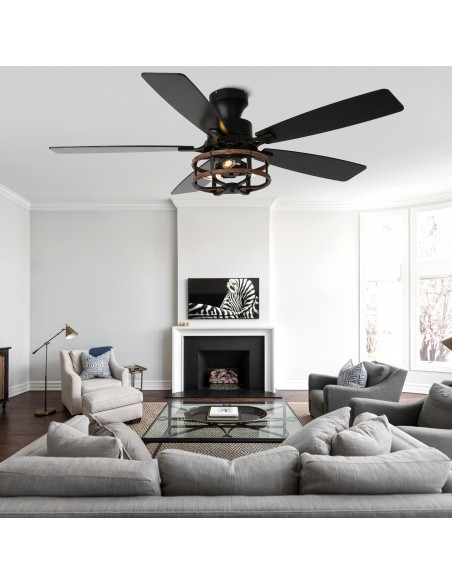 Oaks Aura 52" Black Flush Mount Ceiling Fan with Light and Remote Control, 6-Speed Reversible for Living Room