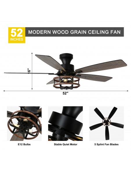 Oaks Aura 52" Black Flush Mount Ceiling Fan with Light and Remote Control, 6-Speed Reversible for Living Room