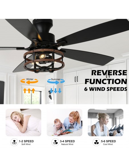 Oaks Aura 52" Black Flush Mount Ceiling Fan with Light and Remote Control, 6-Speed Reversible for Living Room