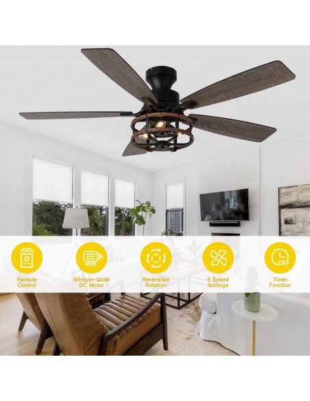Oaks Aura 52" Black Flush Mount Ceiling Fan with Light and Remote Control, 6-Speed Reversible for Living Room