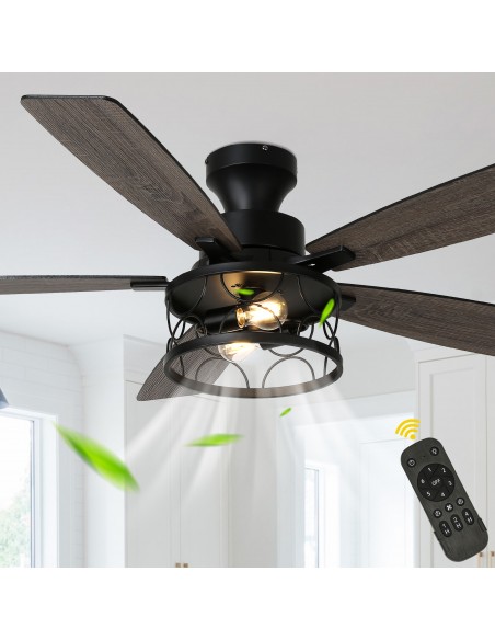Oaks Aura 52" Black Flush Mount Ceiling Fan with Light and Remote Control, 6-Speed Reversible for Living Room