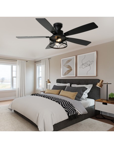 Oaks Aura 52" Black Flush Mount Ceiling Fan with Light and Remote Control, 6-Speed Reversible for Living Room