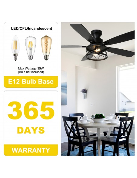 Oaks Aura 52" Black Flush Mount Ceiling Fan with Light and Remote Control, 6-Speed Reversible for Living Room