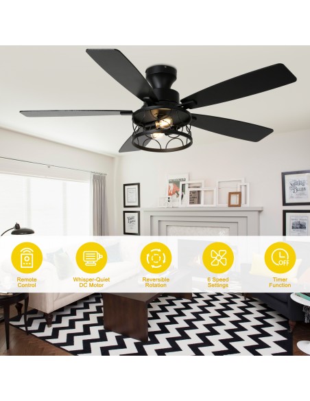 Oaks Aura 52" Black Flush Mount Ceiling Fan with Light and Remote Control, 6-Speed Reversible for Living Room