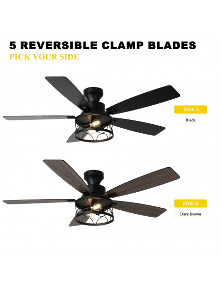 Oaks Aura 52" Black Flush Mount Ceiling Fan with Light and Remote Control, 6-Speed Reversible for Living Room