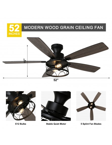 Oaks Aura 52" Black Flush Mount Ceiling Fan with Light and Remote Control, 6-Speed Reversible for Living Room