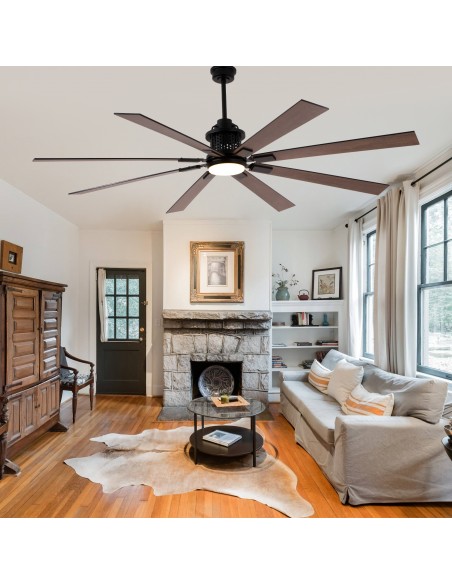 72" Modern Matte Black Industrial Ceiling Fan with Light and Remote Control, 6-Speed DC Motor for Large Living Room