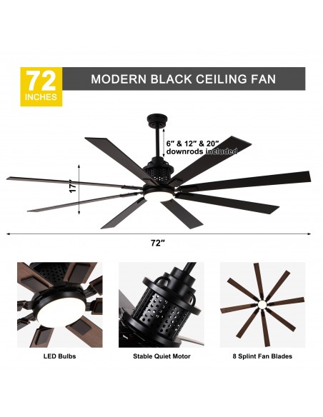 72" Modern Matte Black Industrial Ceiling Fan with Light and Remote Control, 6-Speed DC Motor for Large Living Room