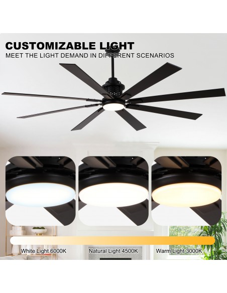 72" Modern Matte Black Industrial Ceiling Fan with Light and Remote Control, 6-Speed DC Motor for Large Living Room