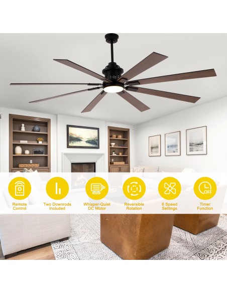 72" Modern Matte Black Industrial Ceiling Fan with Light and Remote Control, 6-Speed DC Motor for Large Living Room