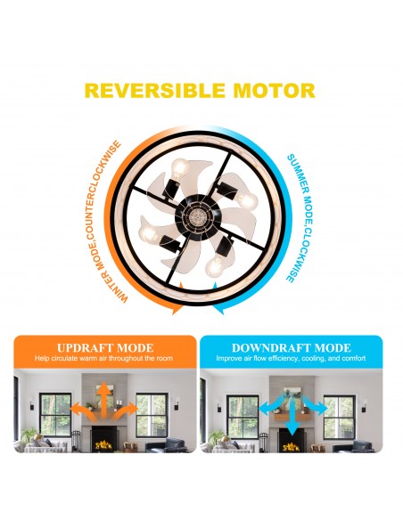 20" Modern Black Caged Ceiling Fan with Lights, Remote & APP Control, 6-Speed Reversible DC Motor for Living Room, Bedroom