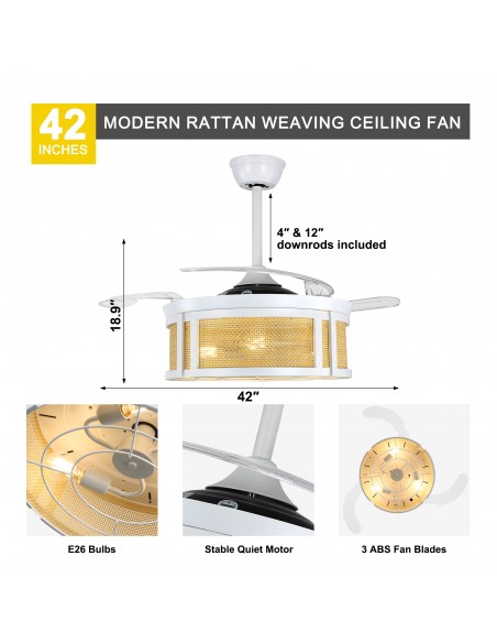 Oaks Aura 42" Retractable Boho Ceiling Fan with Light and Remote Control, 6 Speed Quiet DC Motor for Living Room, Bedroom