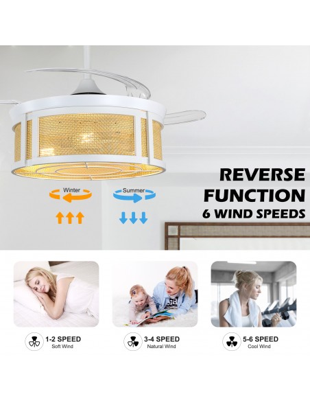 Oaks Aura 42" Retractable Boho Ceiling Fan with Light and Remote Control, 6 Speed Quiet DC Motor for Living Room, Bedroom