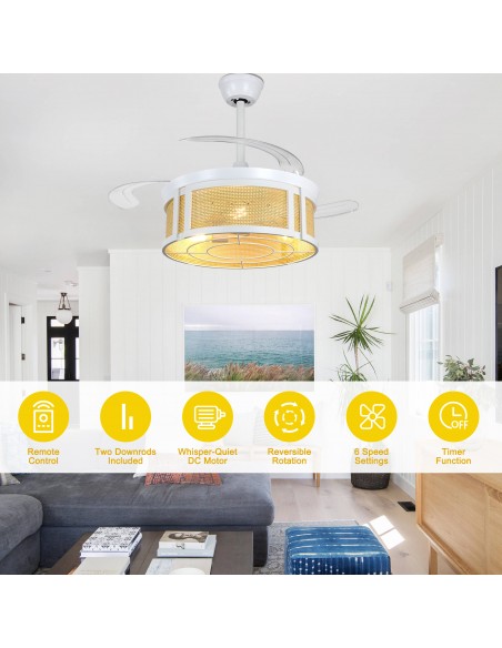 Oaks Aura 42" Retractable Boho Ceiling Fan with Light and Remote Control, 6 Speed Quiet DC Motor for Living Room, Bedroom