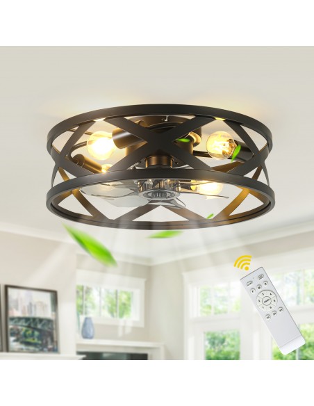 Oaks  Aura 20" Industrial Matte Black Caged Flush Mount Ceiling Fan with Lights and Remote