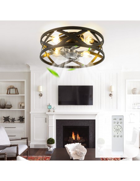 Oaks  Aura 20" Industrial Matte Black Caged Flush Mount Ceiling Fan with Lights and Remote