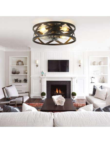 Oaks  Aura 20" Industrial Matte Black Caged Flush Mount Ceiling Fan with Lights and Remote