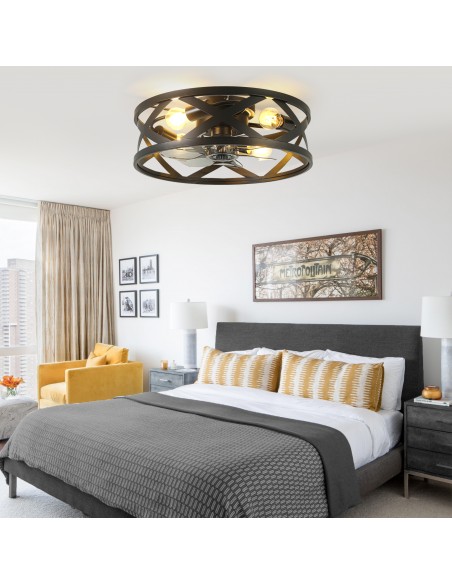 Oaks  Aura 20" Industrial Matte Black Caged Flush Mount Ceiling Fan with Lights and Remote