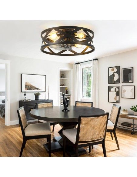 Oaks  Aura 20" Industrial Matte Black Caged Flush Mount Ceiling Fan with Lights and Remote