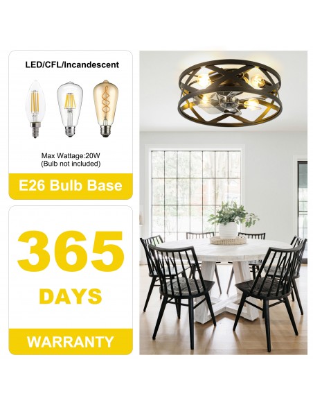 Oaks  Aura 20" Industrial Matte Black Caged Flush Mount Ceiling Fan with Lights and Remote