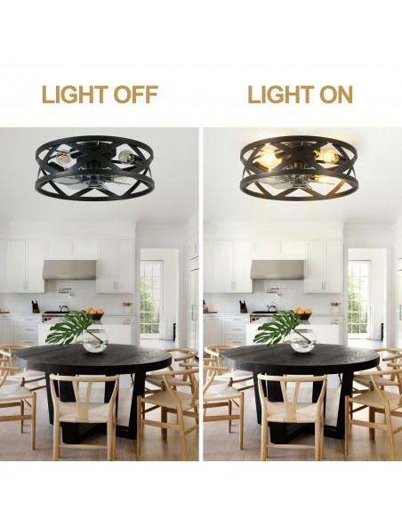 Oaks  Aura 20" Industrial Matte Black Caged Flush Mount Ceiling Fan with Lights and Remote