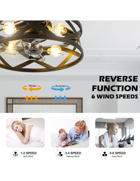 Oaks  Aura 20" Industrial Matte Black Caged Flush Mount Ceiling Fan with Lights and Remote