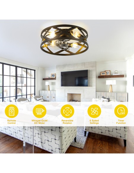 Oaks  Aura 20" Industrial Matte Black Caged Flush Mount Ceiling Fan with Lights and Remote