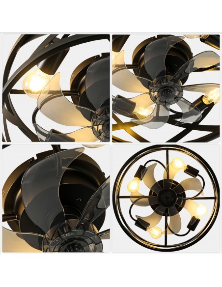 Oaks  Aura 20" Industrial Matte Black Caged Flush Mount Ceiling Fan with Lights and Remote