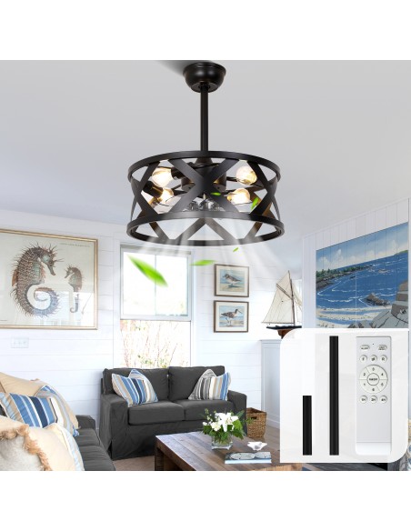 20” Black Drum Ceiling Fan with Light, Remote and App Control, 6-Speed Quiet DC Motor Ceiling Lighting