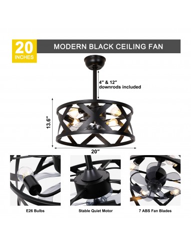 20” Black Drum Ceiling Fan with...