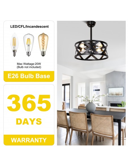 20” Black Drum Ceiling Fan with Light, Remote and App Control, 6-Speed Quiet DC Motor Ceiling Lighting