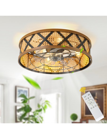 20" Rattan Caged Flush Mount Ceiling Fan with Light and Remote, Quiet DC Motor 6 Speeds for Bedroom, Dining Room