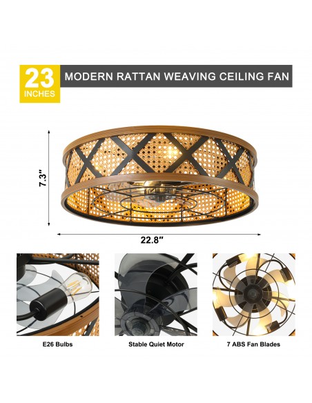 20" Rattan Caged Flush Mount Ceiling Fan with Light and Remote, Quiet DC Motor 6 Speeds for Bedroom, Dining Room
