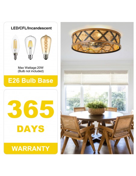 20" Rattan Caged Flush Mount Ceiling Fan with Light and Remote, Quiet DC Motor 6 Speeds for Bedroom, Dining Room
