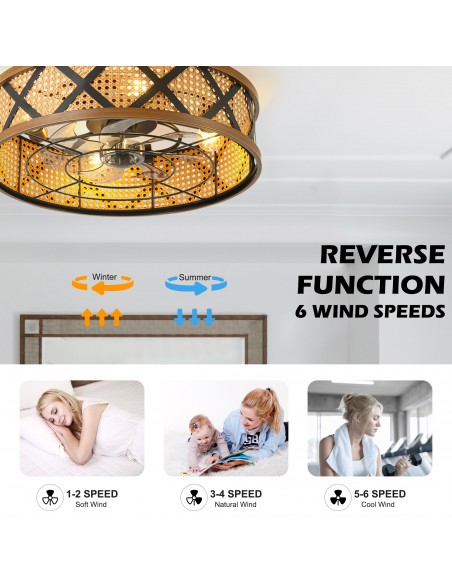 20" Rattan Caged Flush Mount Ceiling Fan with Light and Remote, Quiet DC Motor 6 Speeds for Bedroom, Dining Room