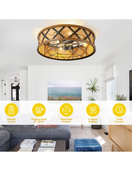 20" Rattan Caged Flush Mount Ceiling Fan with Light and Remote, Quiet DC Motor 6 Speeds for Bedroom, Dining Room