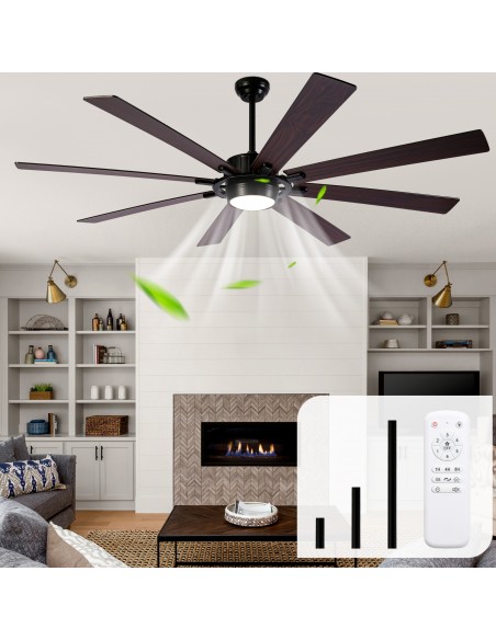 72" Black Ceiling Fan with Lights and Remote Control, 3-Color 6-Speeds, Reversible Quiet DC Motor for Living Room