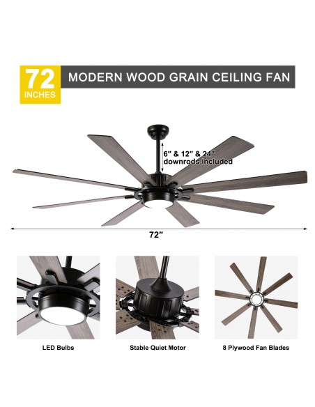 72" Black Ceiling Fan with Lights and Remote Control, 3-Color 6-Speeds, Reversible Quiet DC Motor for Living Room