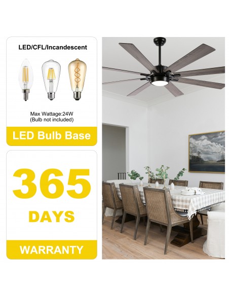 72" Black Ceiling Fan with Lights and Remote Control, 3-Color 6-Speeds, Reversible Quiet DC Motor for Living Room