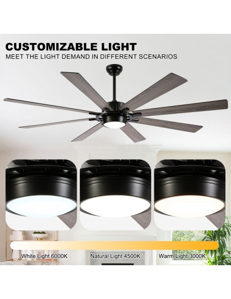 72" Black Ceiling Fan with Lights and Remote Control, 3-Color 6-Speeds, Reversible Quiet DC Motor for Living Room