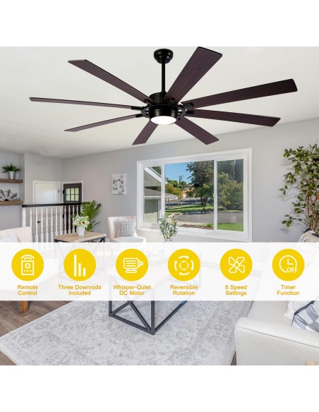 72" Black Ceiling Fan with Lights and Remote Control, 3-Color 6-Speeds, Reversible Quiet DC Motor for Living Room