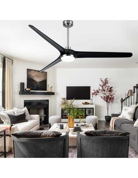 72" Solid Wood Ceiling Fan with Lights and Remote Control, Dimmable LED 3-Color Changing, Modern Black Fan for Living Room