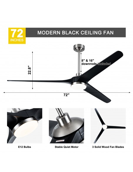 72" Solid Wood Ceiling Fan with Lights and Remote Control, Dimmable LED 3-Color Changing, Modern Black Fan for Living Room