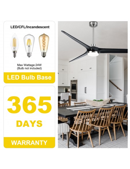 72" Solid Wood Ceiling Fan with Lights and Remote Control, Dimmable LED 3-Color Changing, Modern Black Fan for Living Room