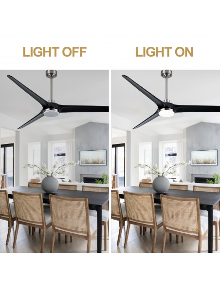 72" Solid Wood Ceiling Fan with Lights and Remote Control, Dimmable LED 3-Color Changing, Modern Black Fan for Living Room