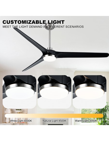 72" Solid Wood Ceiling Fan with Lights and Remote Control, Dimmable LED 3-Color Changing, Modern Black Fan for Living Room