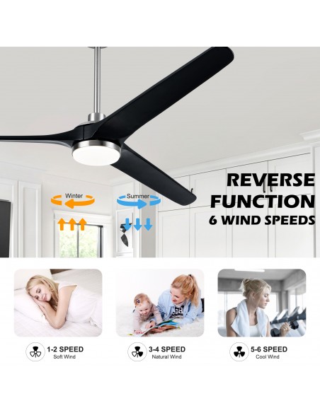 72" Solid Wood Ceiling Fan with Lights and Remote Control, Dimmable LED 3-Color Changing, Modern Black Fan for Living Room